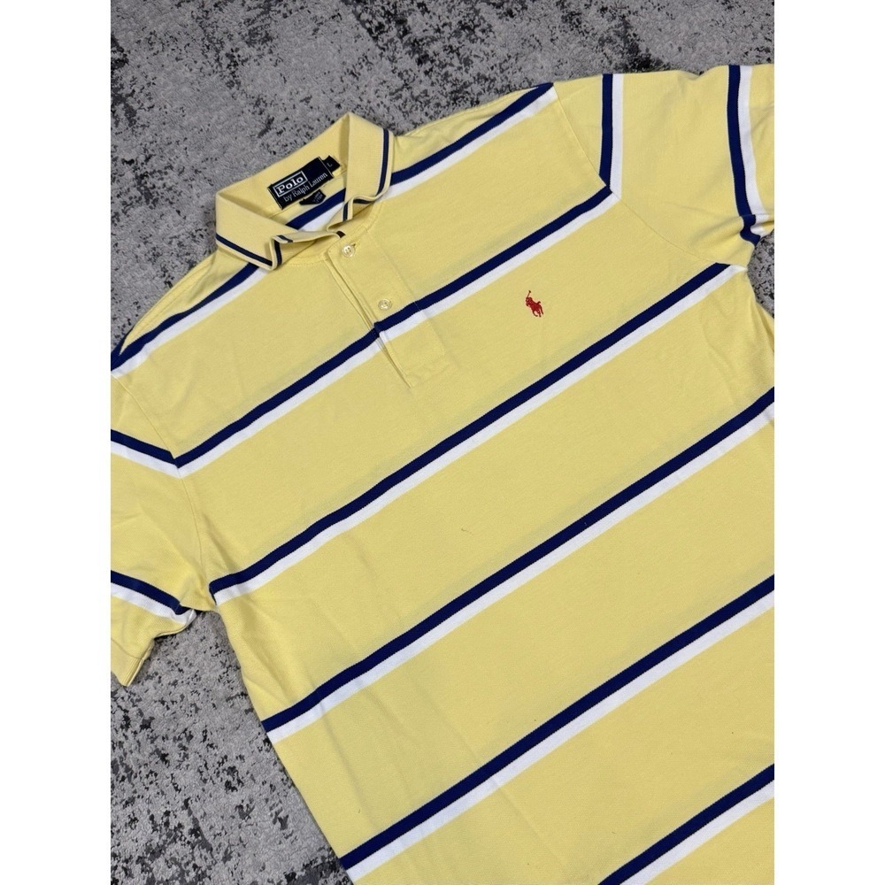 Polo Ralph Lauren Mens Large Yellow Blue Striped Polo Shirt Pony Logo Cotton